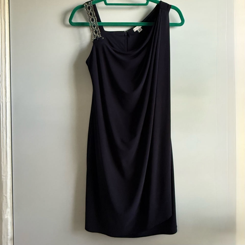 Vtg. Cache One-Shoulder Navy Blue Dress with Rhinestone Embellished Strap. Sz 8